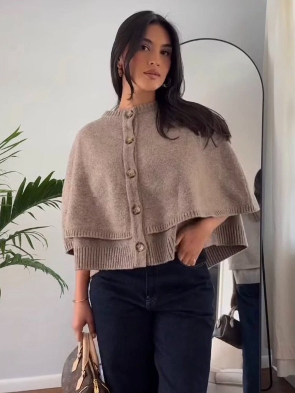 🤎 Zara Knit Cape Cardigan Large Mink Taupe Wool Blend Button Front Worn Once 🤎